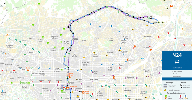 Recorrido esquemático, paradas y correspondencias Línea N24: La Barceloneta - Les Roquetes