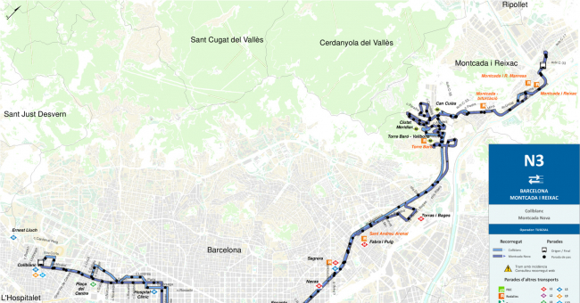 Recorrido esquemático, paradas y correspondencias Línea N3: Barcelona (Collblanc - Plaça Catalunya) - Montcada i Reixac (Rambla Països Catalans)