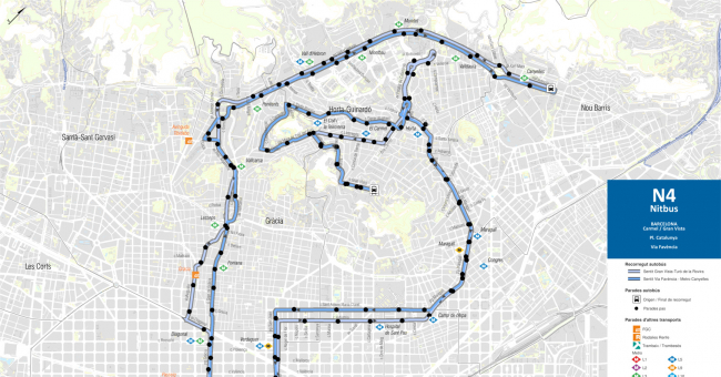 Recorrido esquemático, paradas y correspondencias Línea N4: Vía Favència - Metro Canyelles - Plaça Catalunya - Carmel - Gran Vista