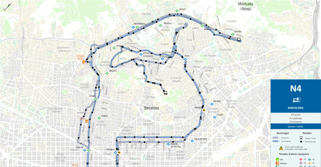 Recorrido esquemático, paradas y correspondencias Línea N4: Vía Favència - Metro Canyelles - Plaça Catalunya - Carmel - Gran Vista