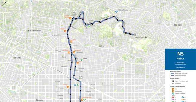 Recorrido esquemático, paradas y correspondencias Línea N5: Plaça Catalunya - Carmel - Gran Vista