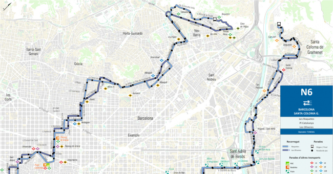 Recorrido esquemático, paradas y correspondencias Línea N6: Barcelona (Roquetes - Plaça Catalunya) - Santa Coloma de Gramenet (Les Oliveres)