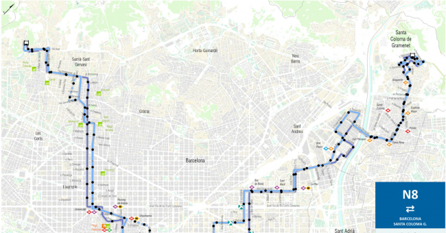 Recorrido esquemático, paradas y correspondencias Línea N8: Barcelona (Can Caralleu - Plaça Catalunya) - Santa Coloma de Gramenet (Can Franquesa)