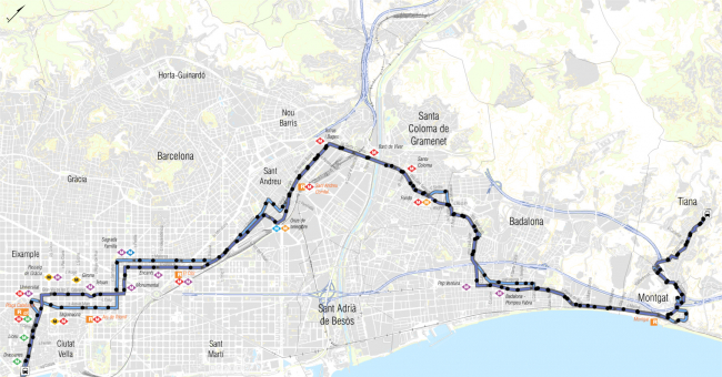 Recorrido esquemático, paradas y correspondencias Línea N9: Barcelona (Plaça Portal de la Pau - Plaça Catalunya) - Tiana (Edith Llaurador)