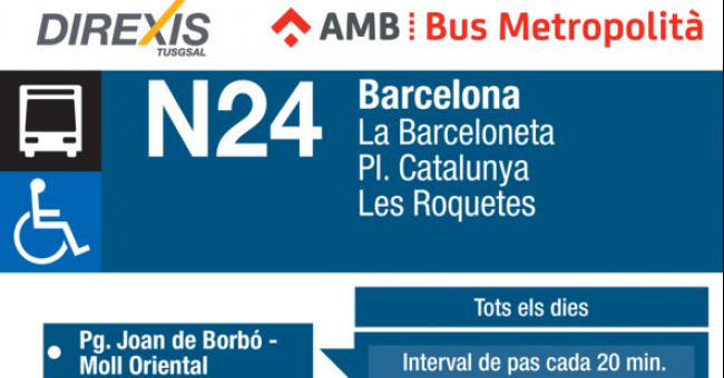 Tabla de horarios y frecuencias de paso en sentido ida Línea N24: La Barceloneta - Les Roquetes