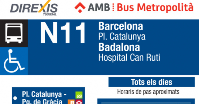 Tabla de horarios y frecuencias de paso Línea N11: Barcelona (Plaça Catalunya) - Badalona (Hospital Can Ruti)