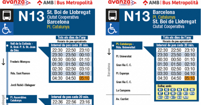 Tabla de horarios y frecuencias de paso Línea N13: Barcelona (Plaça Catalunya) - Sant Boi de Llobregat (Ciutat Cooperativa)