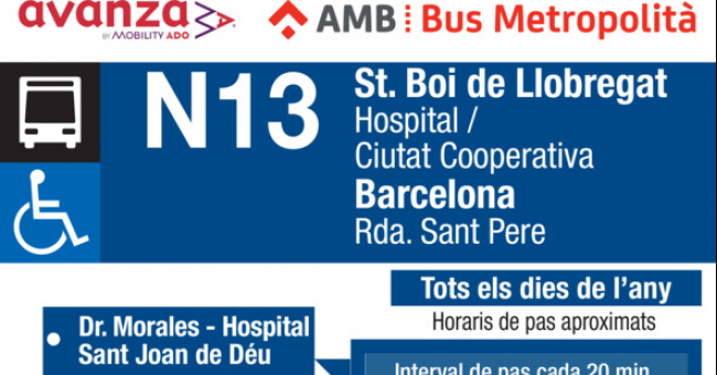 Tabla de horarios y frecuencias de paso Línea N13: Barcelona (Plaça Catalunya) - Sant Boi de Llobregat (Ciutat Cooperativa)