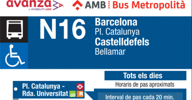 Tabla de horarios y frecuencias de paso Línea N16: Barcelona (Plaça Catalunya) - Castelldefels (Bellamar)