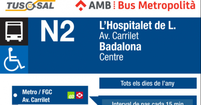 Tabla de horarios y frecuencias de paso Línea N2: L'Hospitalet (Avinguda Carrilet) - Barcelona (Plaça Catalunya) - Badalona (Vía Augusta)