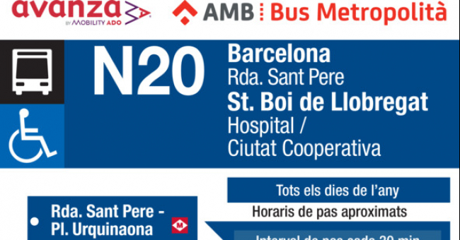 Tabla de horarios y frecuencias de paso Línea N20: Barcelona (Sant Pere) - Sant Boi de Llobregat (Hospital / Ciutat Cooperativa)