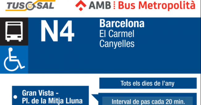 Tabla de horarios y frecuencias de paso Línea N4: Vía Favència - Metro Canyelles - Plaça Catalunya - Carmel - Gran Vista