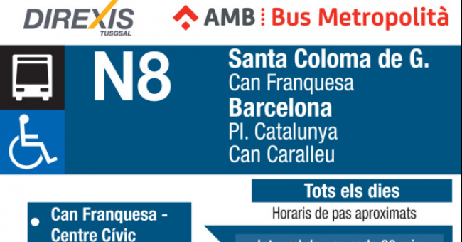 Tabla de horarios y frecuencias de paso Línea N8: Barcelona (Can Caralleu - Plaça Catalunya) - Santa Coloma de Gramenet (Can Franquesa)