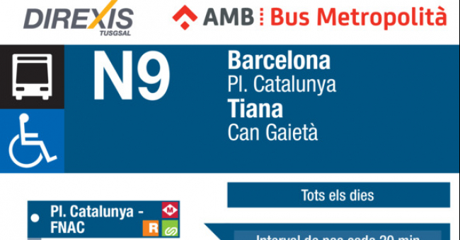 Tabla de horarios y frecuencias de paso Línea N9: Barcelona (Plaça Portal de la Pau - Plaça Catalunya) - Tiana (Edith Llaurador)