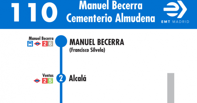 Tabla de horarios y frecuencias de paso en sentido ida Línea 110: Plaza de Manuel Becerra - Cementerio de la Almudena