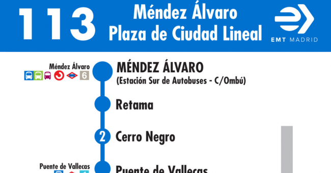 Tabla de horarios y frecuencias de paso en sentido ida Línea 113: Méndez Álvaro - Plaza de Ciudad Lineal