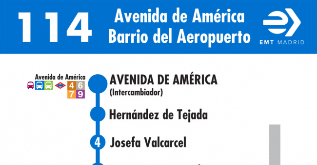 Tabla de horarios y frecuencias de paso en sentido ida Línea 114: Avenida de América - Barrio del Aeropuerto