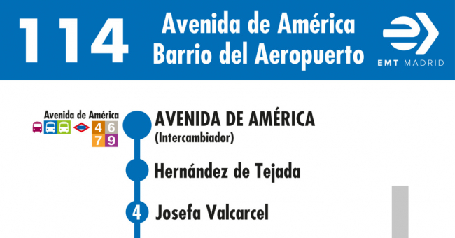 Tabla de horarios y frecuencias de paso en sentido ida Línea 114: Avenida de América - Barrio del Aeropuerto