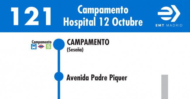 Tabla de horarios y frecuencias de paso en sentido ida Línea 121: Campamento - Hospital 12 de Octubre