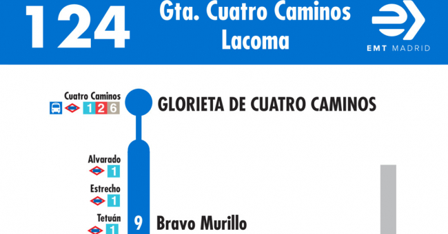 Tabla de horarios y frecuencias de paso en sentido ida Línea 124: Glorieta de Cuatro Caminos - Lacoma