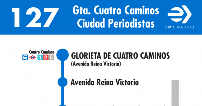 Tabla de horarios y frecuencias de paso en sentido ida Línea 127: Glorieta de Cuatro Caminos - Ciudad de los Periodistas