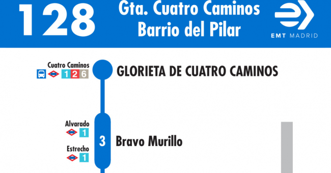 Tabla de horarios y frecuencias de paso en sentido ida Línea 128: Glorieta de Cuatro Caminos - Barrio del Pilar