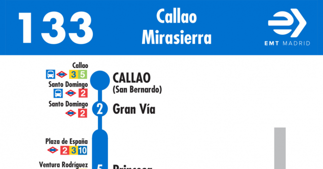 Tabla de horarios y frecuencias de paso en sentido ida Línea 133: Plaza del Callao - Mirasierra