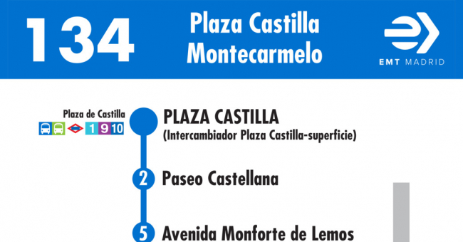 Tabla de horarios y frecuencias de paso en sentido ida Línea 134: Plaza de Castilla - Montecarmelo