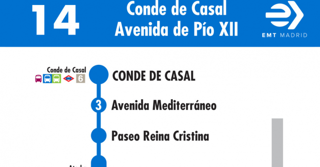 Tabla de horarios y frecuencias de paso en sentido ida Línea 14: Plaza del Conde de Casal - Avenida de Pío XII