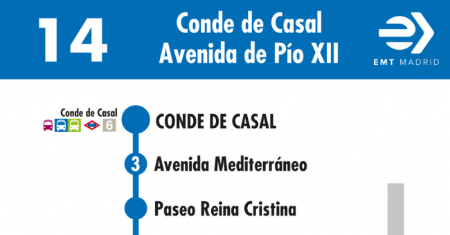 Tabla de horarios y frecuencias de paso en sentido ida Línea 14: Plaza del Conde de Casal - Avenida de Pío XII