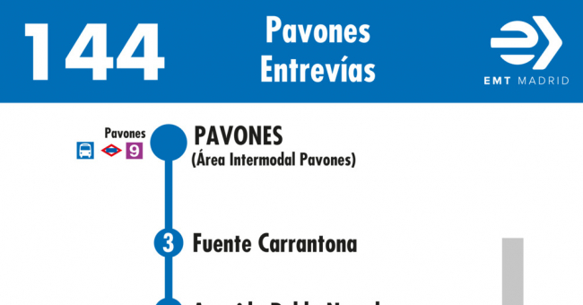 Tabla de horarios y frecuencias de paso en sentido ida Línea 144: Pavones - Entrevías