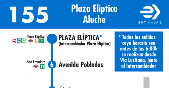 Tabla de horarios y frecuencias de paso en sentido ida Línea 155: Plaza Elíptica - Aluche