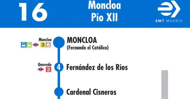 Tabla de horarios y frecuencias de paso en sentido ida Línea 16: Moncloa - Avenida de Pío XII