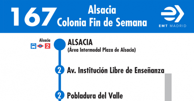 Tabla de horarios y frecuencias de paso en sentido ida Línea 167: Alsacia - Colonia Fin de Semana