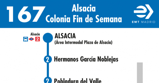 Tabla de horarios y frecuencias de paso en sentido ida Línea 167: Alsacia - Colonia Fin de Semana