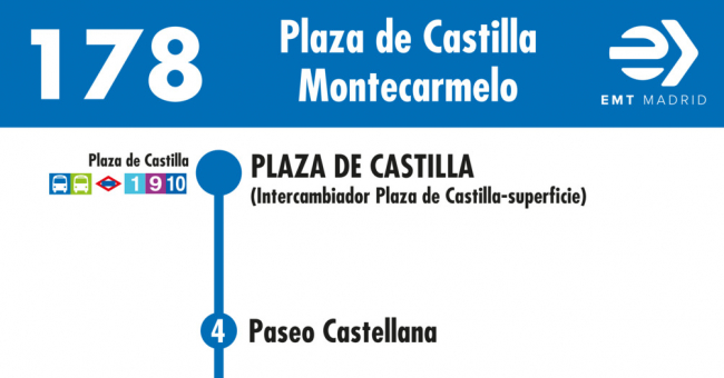 Tabla de horarios y frecuencias de paso en sentido ida Línea 178: Plaza de Castilla - Montecarmelo