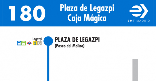 Tabla de horarios y frecuencias de paso en sentido ida Línea 180: Plaza de Legazpi - Caja Mágica