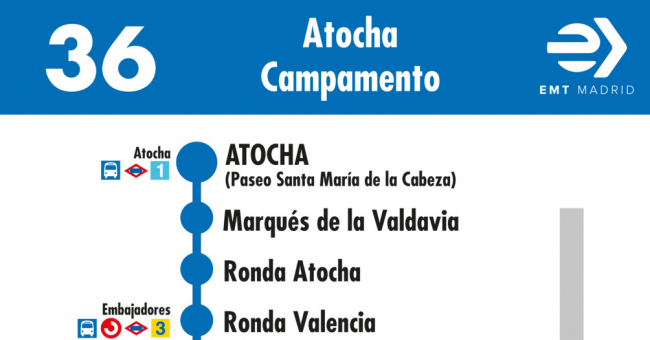 Tabla de horarios y frecuencias de paso en sentido ida Línea 36: Atocha - Campamento