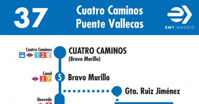 Tabla de horarios y frecuencias de paso en sentido ida Línea 37: Glorieta de Cuatro Caminos - Puente de Vallecas