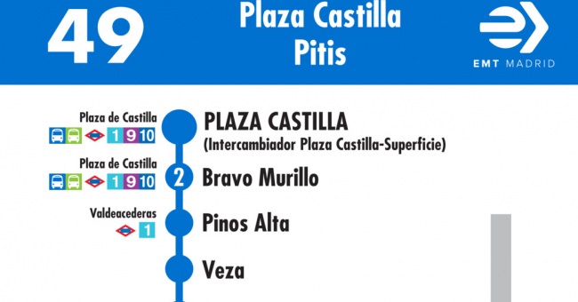 Tabla de horarios y frecuencias de paso en sentido ida Línea 49: Plaza de Castilla - Arroyo del Fresno