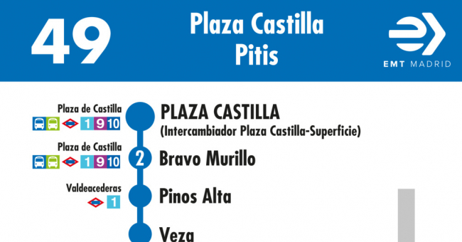 Tabla de horarios y frecuencias de paso en sentido ida Línea 49: Plaza de Castilla - Arroyo del Fresno