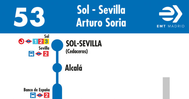 Tabla de horarios y frecuencias de paso en sentido ida Línea 53: Puerta del Sol - Parque San Juan Bautista