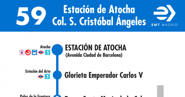 Tabla de horarios y frecuencias de paso en sentido ida Línea 59: Atocha - Colonia San Cristóbal de los Ángeles