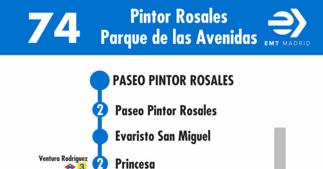 Tabla de horarios y frecuencias de paso en sentido ida Línea 74: Paseo del Pintor Rosales - Parque de las Avenidas