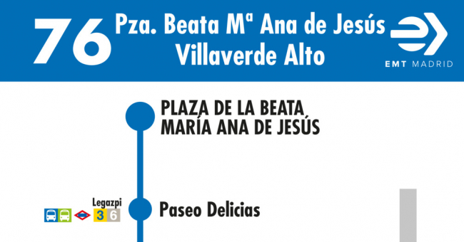 Tabla de horarios y frecuencias de paso en sentido ida Línea 76: Plaza de la Beata María Ana de Jesús - Villaverde Alto