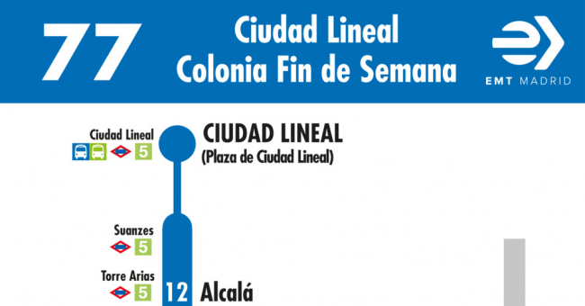 Tabla de horarios y frecuencias de paso en sentido ida Línea 77: Plaza de Ciudad Lineal - Colonia Fin de Semana