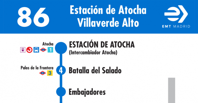 Tabla de horarios y frecuencias de paso en sentido ida Línea 86: Atocha - Villaverde Alto