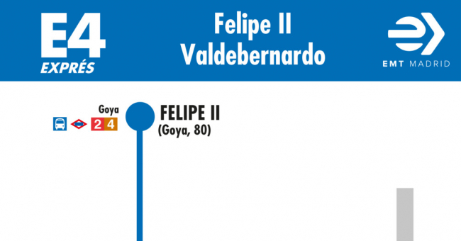 Tabla de horarios y frecuencias de paso en sentido ida Línea E4: Avenida de Felipe II - Valdebernardo