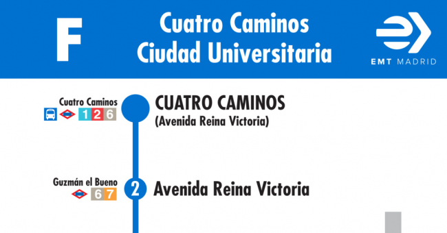 Tabla de horarios y frecuencias de paso en sentido ida Línea F: Glorieta de Cuatro Caminos - Ciudad Universitaria