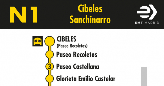 Tabla de horarios y frecuencias de paso en sentido ida Línea N1: Plaza de Cibeles - Sanchinarro (búho)